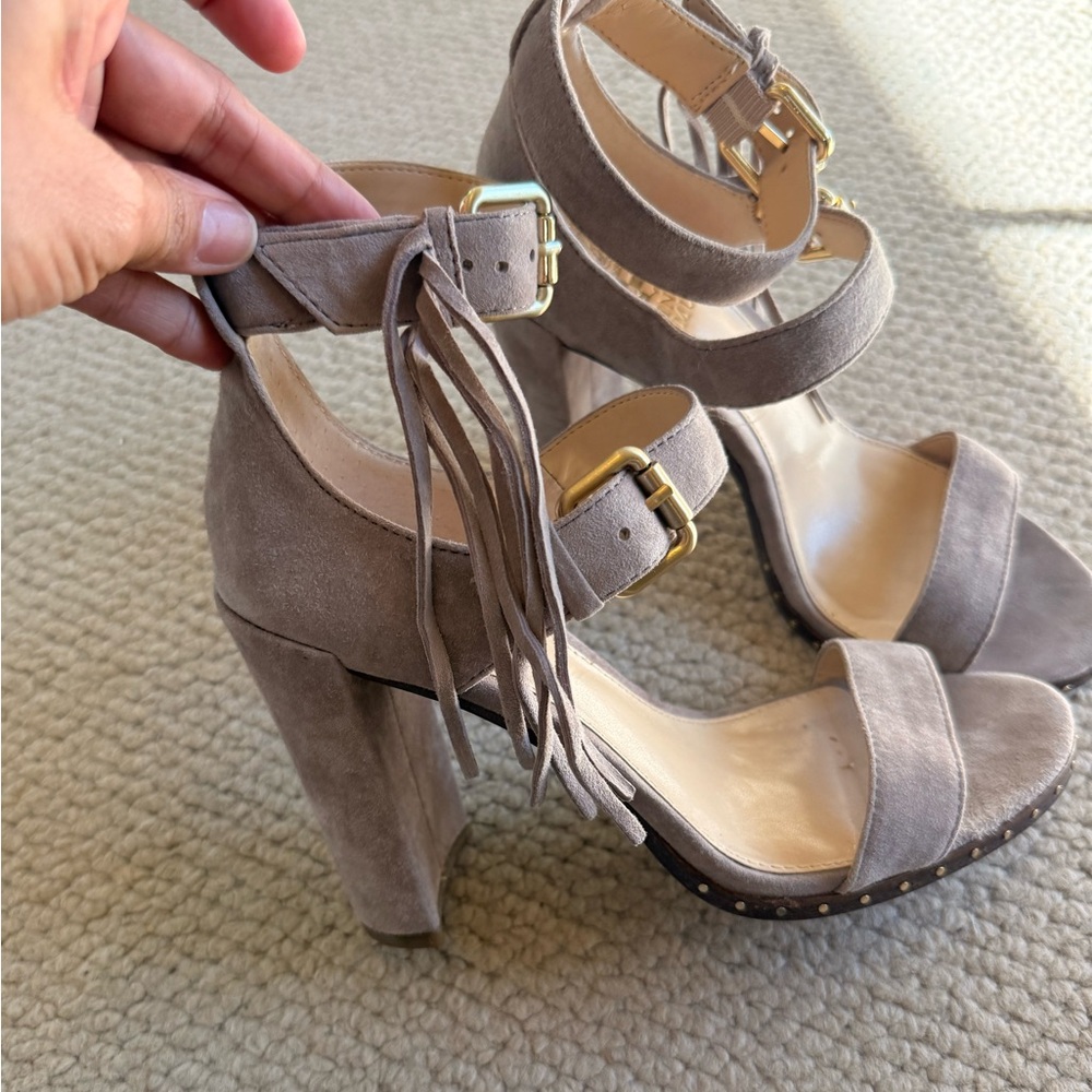 Elegant Taupe/Gray Block Heel Suede Sandals Size 6.5